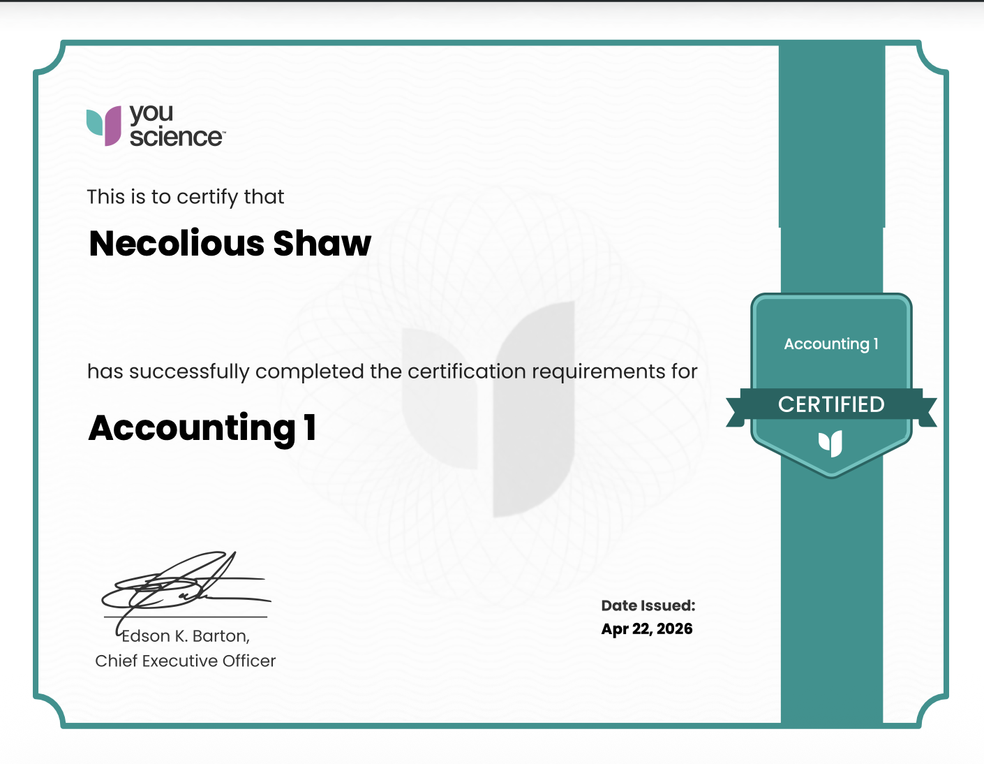 Accounting 1 Certificate Page 1