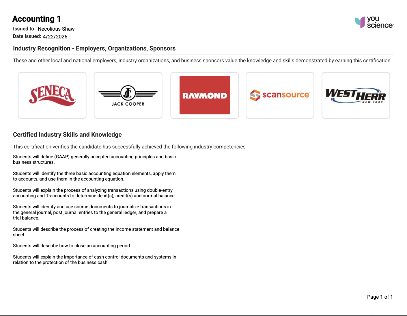 Accounting 1 Certificate Page 2