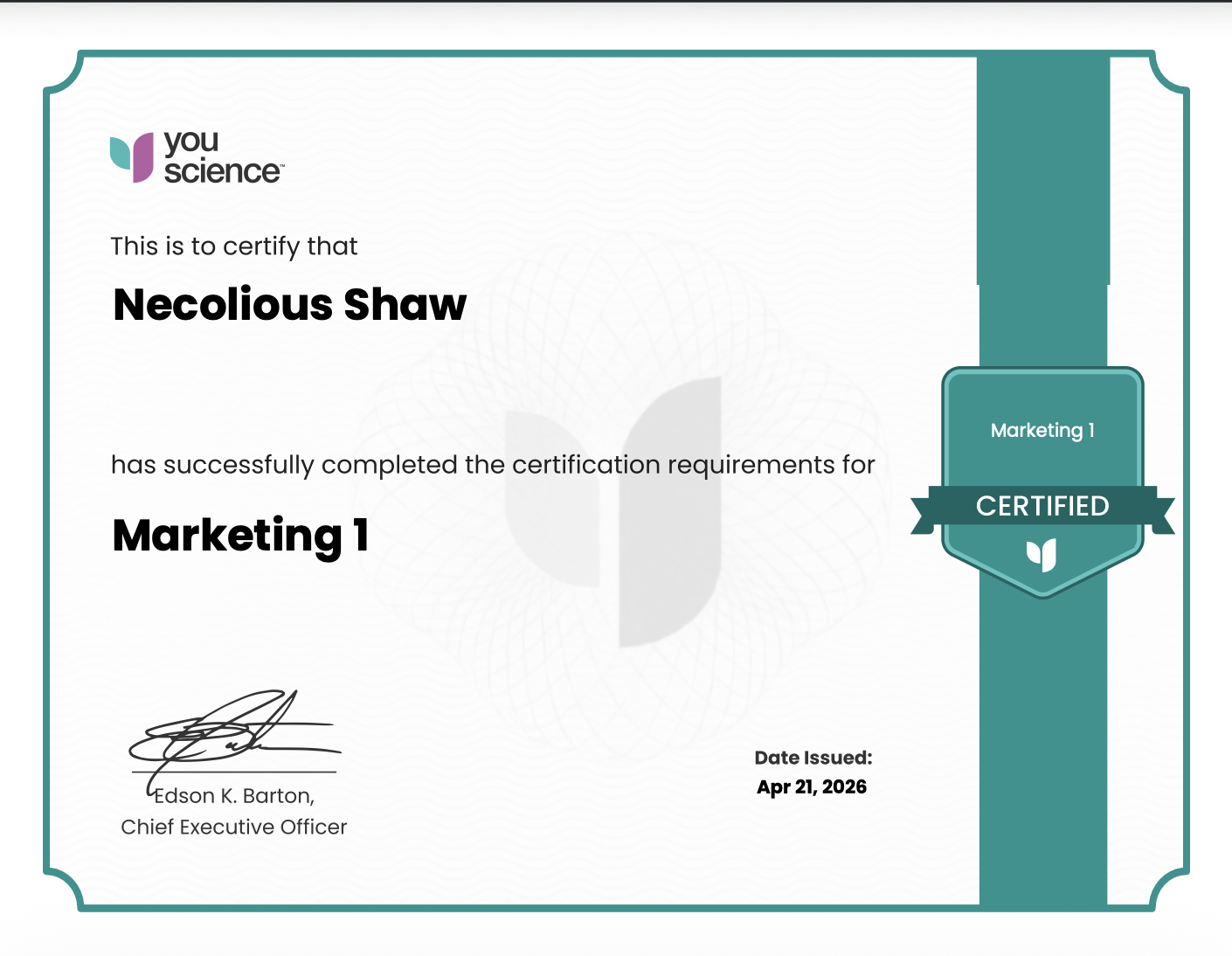 Marketing 1 Certificate Page 1