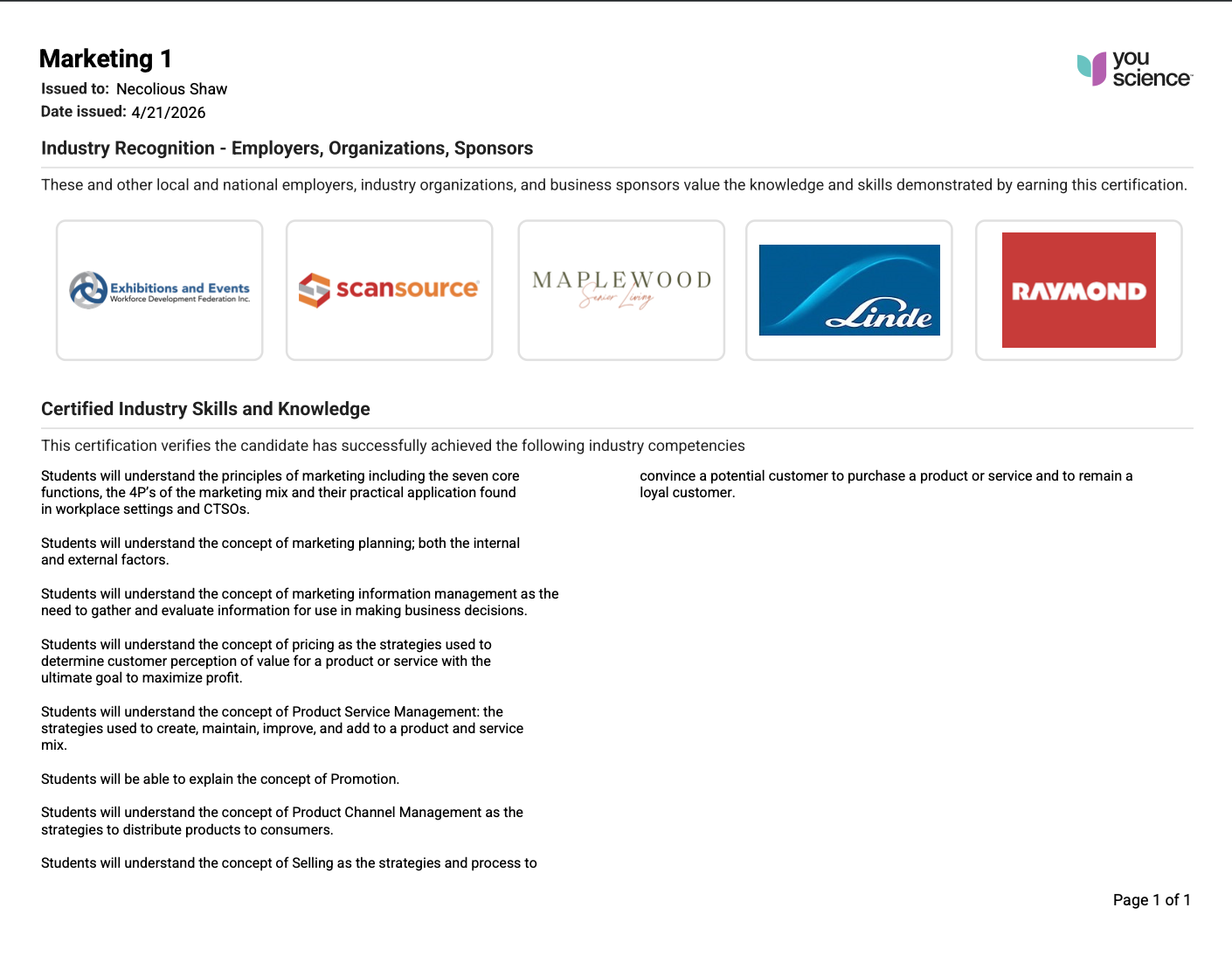 Marketing 1 Certificate Page 2
